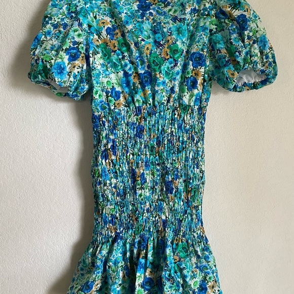 Zara Floral Print Smocked Bodice Ruffle Hem Square Neck Puff Sleeve Mini Dress S - Picture 14 of 14